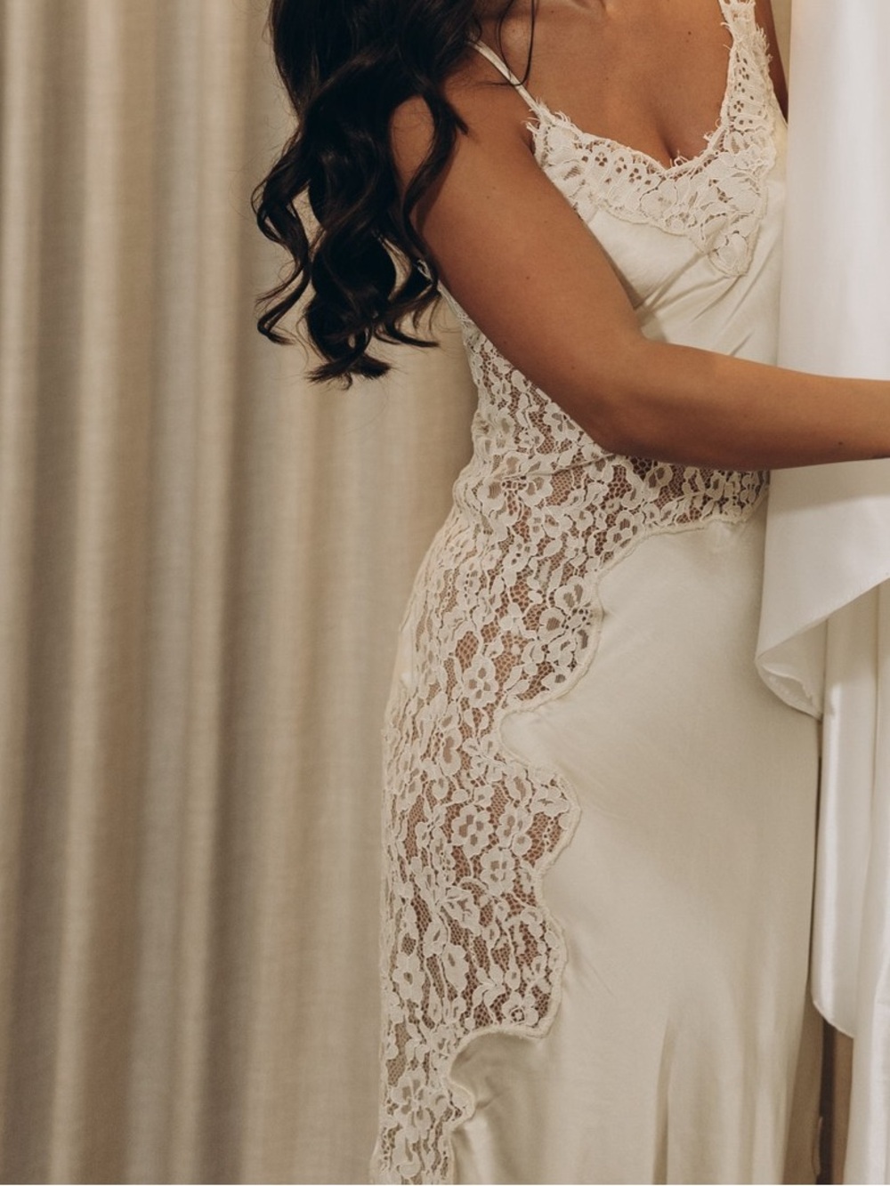 BRIDAL: House of Harlow Ivory Lace-Trim Slip Midi Dress - Picture 2 of 3